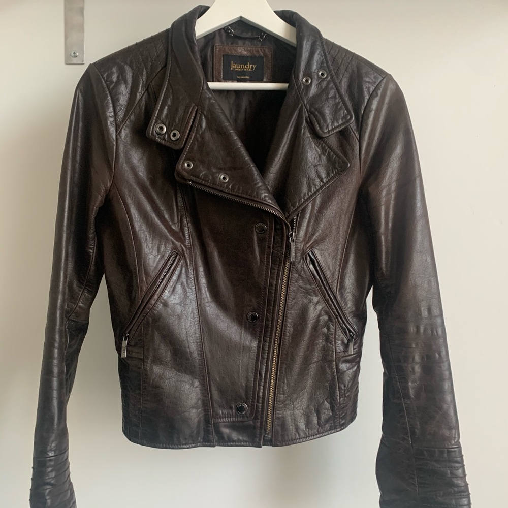 Cognac leather moto jacket Laundry by Shelli Segal